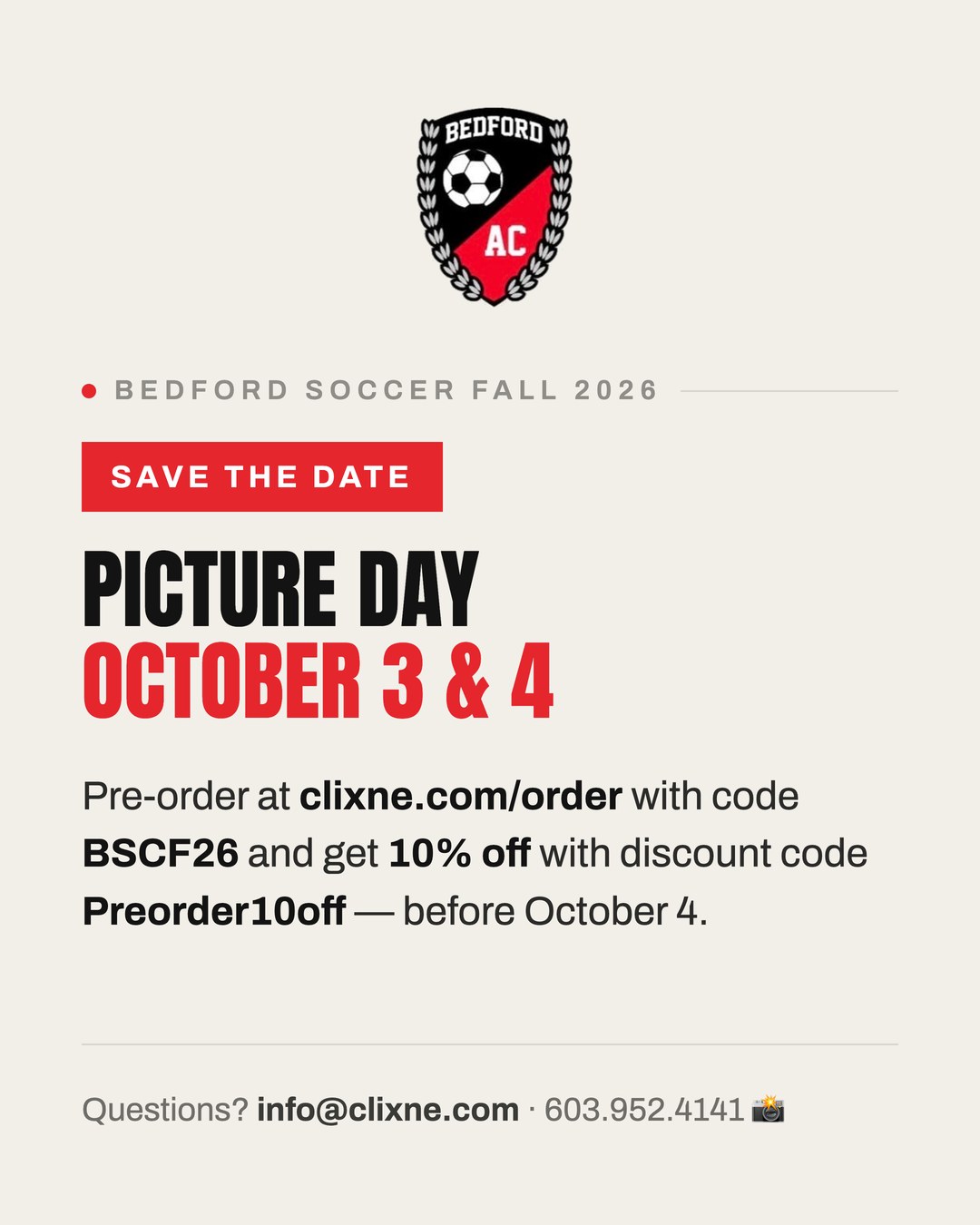 BAC picture day, October 3 and 4, 2026. Pre-order at clixne.com/order with code BSCF26.